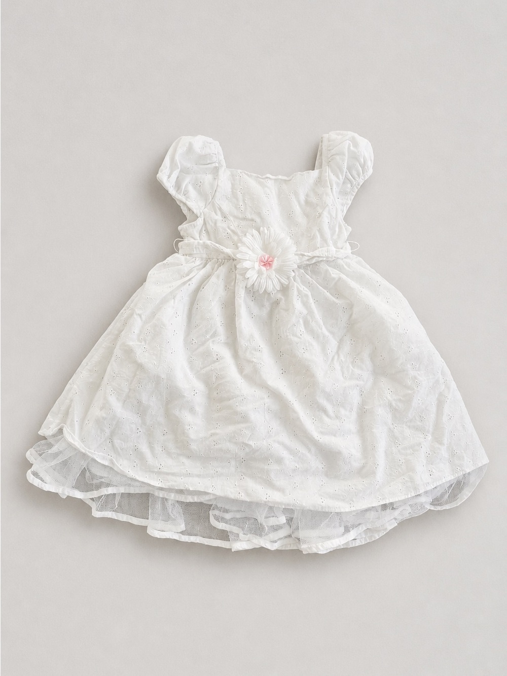 White Eyelet Party Dress – Puff Sleeve Floral Accent Formal Dress Size 3